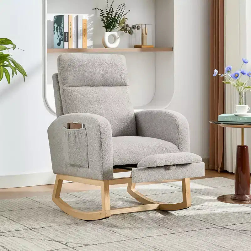 Teddy Upholstered Nursery Rocking Chair, 300lbs Wood Glider w/ High Backrest & 2 Side Pockets, Comfy Accent Rocker for Bedroom & Living Room
