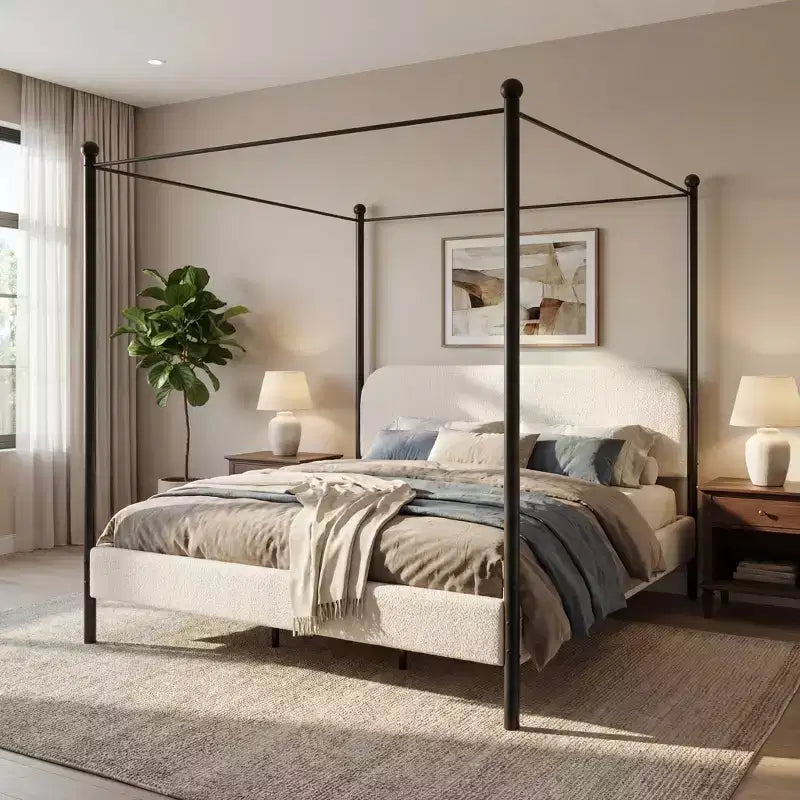 Christopher Knight Home Roman Modern Iron and Wood Boucle Upholstered Canopy Bed Frame with Curved Headboard