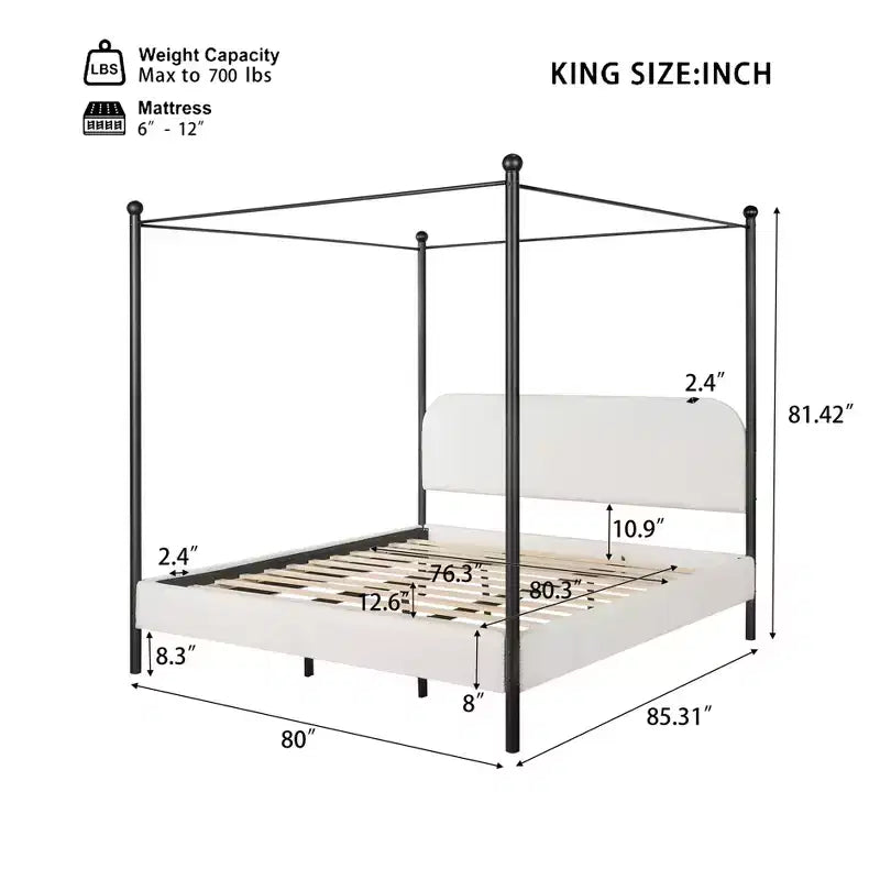 Christopher Knight Home Roman Modern Iron and Wood Boucle Upholstered Canopy Bed Frame with Curved Headboard