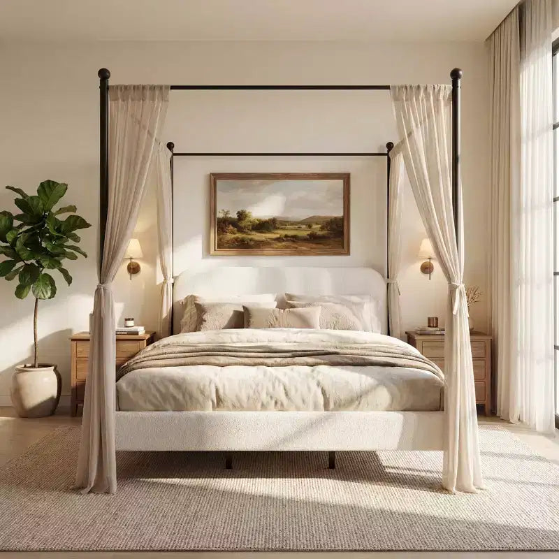Christopher Knight Home Roman Modern Iron and Wood Boucle Upholstered Canopy Bed Frame with Curved Headboard