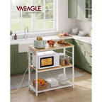 VASAGLE Kitchen Island with Power Strip, Microwave Oven Stand, Baker's Rack with 3 Open Shelves, 6 Hooks, Metal Frame, Goldean Oak and White