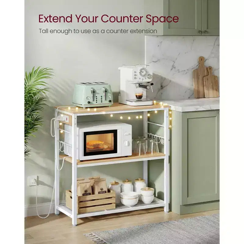 VASAGLE Kitchen Island with Power Strip, Microwave Oven Stand, Baker's Rack with 3 Open Shelves, 6 Hooks, Metal Frame, Goldean Oak and White