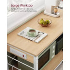 VASAGLE Kitchen Island with Power Strip, Microwave Oven Stand, Baker's Rack with 3 Open Shelves, 6 Hooks, Metal Frame, Goldean Oak and White