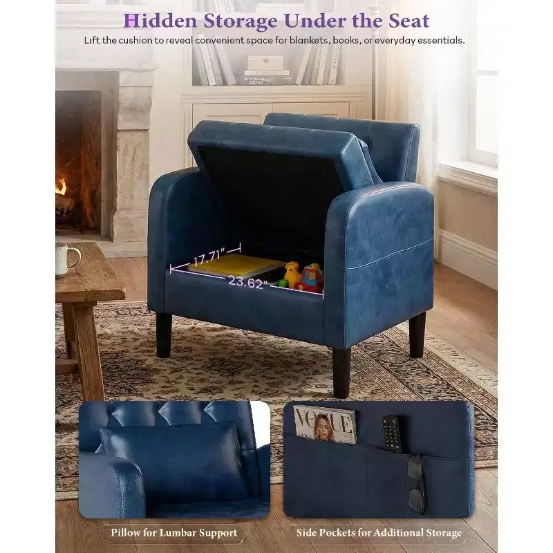 TYBOATLE Mid-Century Faux Leather Accent Chair with Hidden Storage, Tufted Armchair with Side Pockets & Lumbar Pillow for Living Room Office
