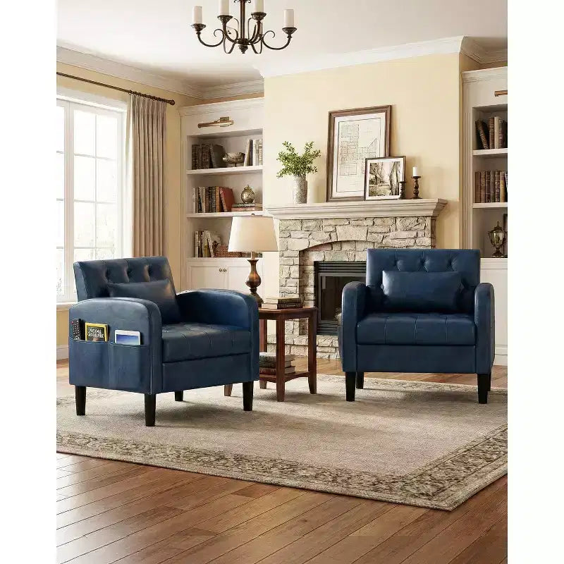 TYBOATLE Mid-Century Faux Leather Accent Chair with Hidden Storage, Tufted Armchair with Side Pockets & Lumbar Pillow for Living Room Office