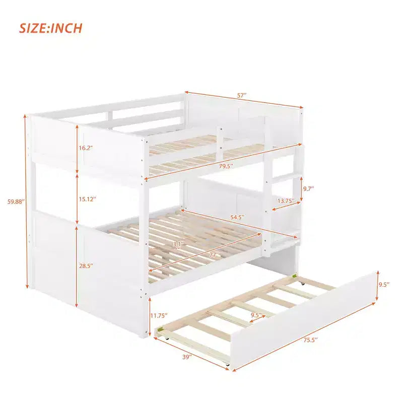 FAMYYT Full Size Bunk Bed With Twin Size Trundle, Easy Assembly, White