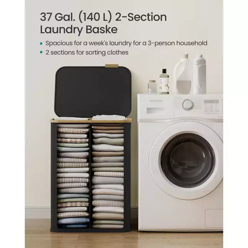 SONGMICS Laundry Hamper, Laundry Basket with Lid, Foldable Storage Basket, Bamboo Frame, Oxford Fabric, 37 Gal. (140 L)