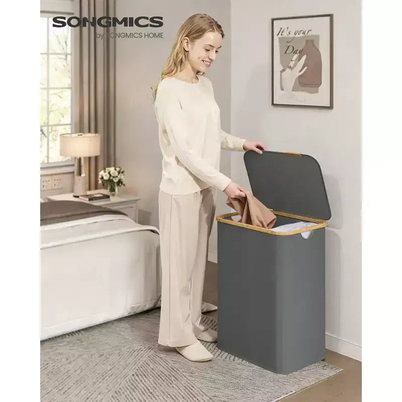 SONGMICS Laundry Hamper, Laundry Basket with Lid, Foldable Storage Basket, Bamboo Frame, Oxford Fabric, 37 Gal. (140 L)