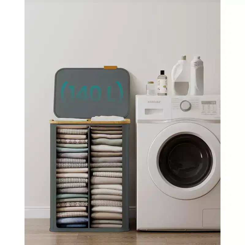 SONGMICS Laundry Hamper, Laundry Basket with Lid, Foldable Storage Basket, Bamboo Frame, Oxford Fabric, 37 Gal. (140 L)