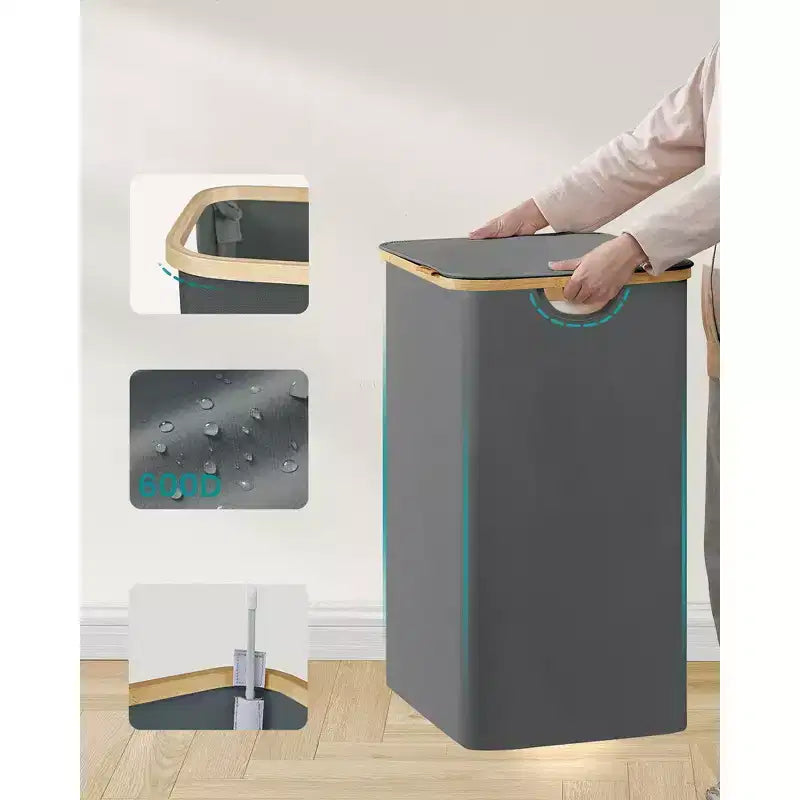 SONGMICS Laundry Hamper, Laundry Basket with Lid, Foldable Storage Basket, Bamboo Frame, Oxford Fabric, 37 Gal. (140 L)