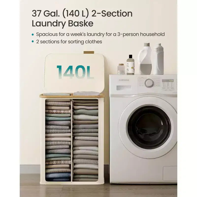 SONGMICS Laundry Hamper, Laundry Basket with Lid, Foldable Storage Basket, Bamboo Frame, Oxford Fabric, 37 Gal. (140 L)