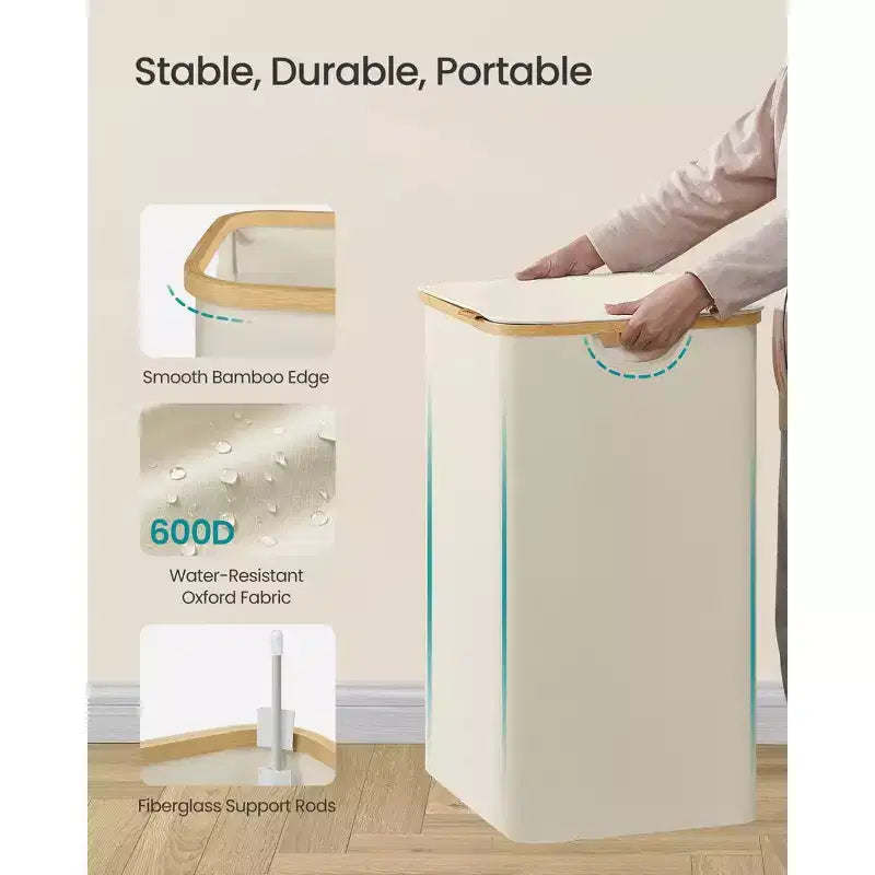 SONGMICS Laundry Hamper, Laundry Basket with Lid, Foldable Storage Basket, Bamboo Frame, Oxford Fabric, 37 Gal. (140 L)