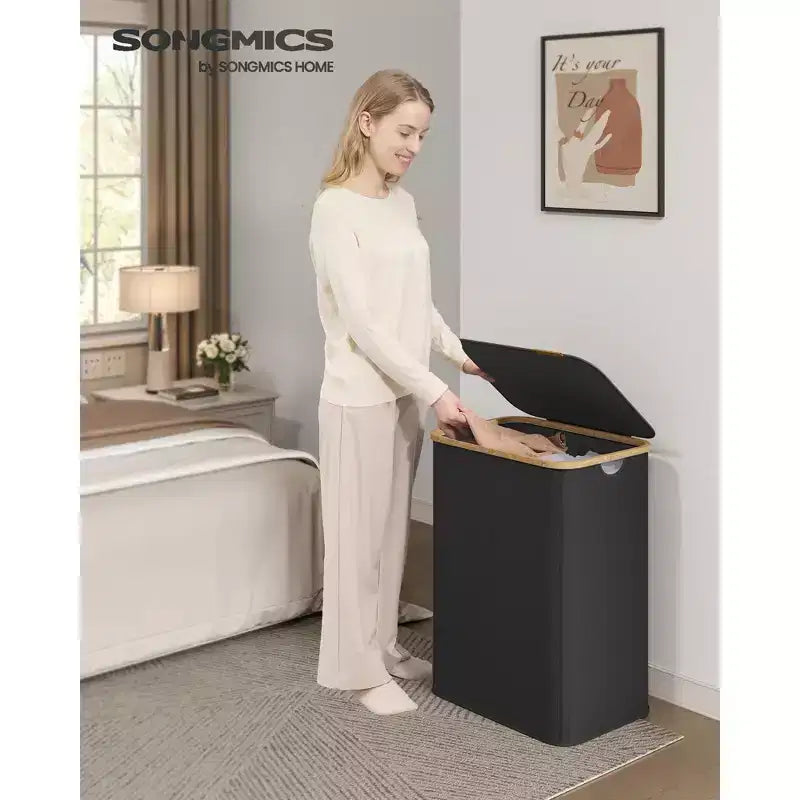 SONGMICS Laundry Hamper, Laundry Basket with Lid, Foldable Storage Basket, Bamboo Frame, Oxford Fabric, 37 Gal. (140 L)