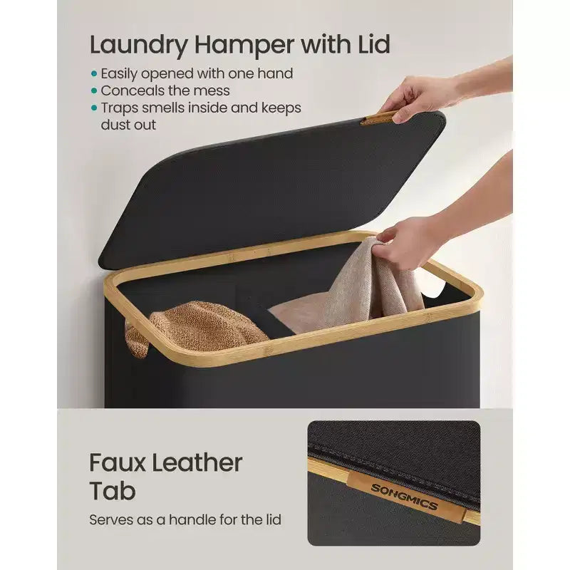 SONGMICS Laundry Hamper, Laundry Basket with Lid, Foldable Storage Basket, Bamboo Frame, Oxford Fabric, 37 Gal. (140 L)