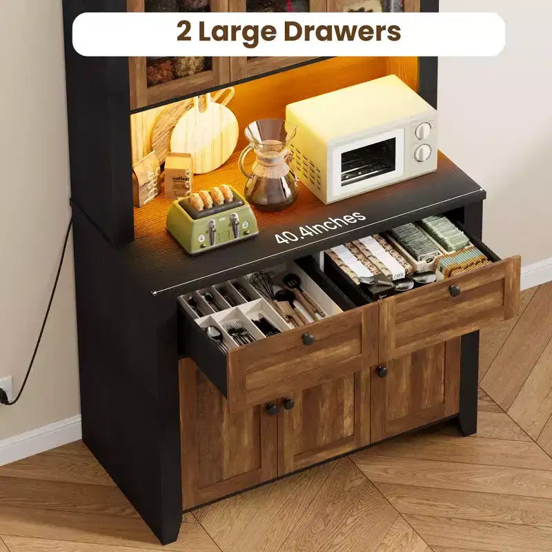 Tall Pantry Cabinet with Charging Station, Modern Kitchen Storage Cabinet with Countertop, Drawers and Adjustable Shelves