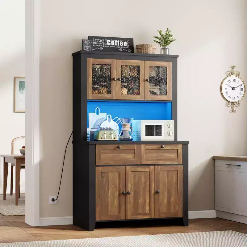 Tall Pantry Cabinet with Charging Station, Modern Kitchen Storage Cabinet with Countertop, Drawers and Adjustable Shelves