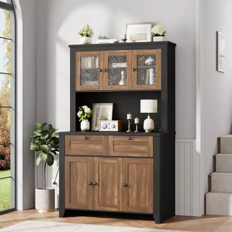 Tall Pantry Cabinet with Charging Station, Modern Kitchen Storage Cabinet with Countertop, Drawers and Adjustable Shelves