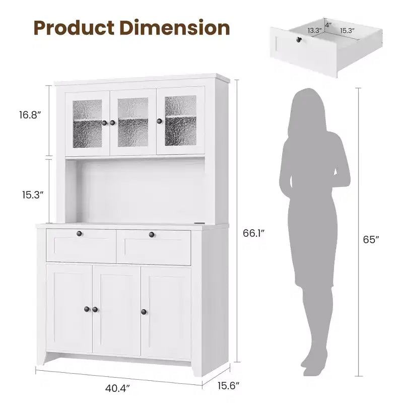 Tall Pantry Cabinet with Charging Station, Modern Kitchen Storage Cabinet with Countertop, Drawers and Adjustable Shelves