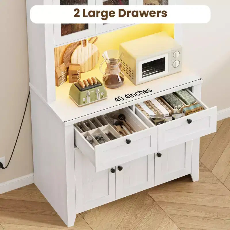 Tall Pantry Cabinet with Charging Station, Modern Kitchen Storage Cabinet with Countertop, Drawers and Adjustable Shelves