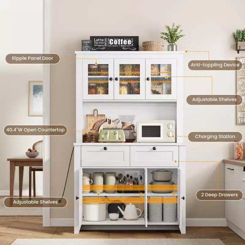 Tall Pantry Cabinet with Charging Station, Modern Kitchen Storage Cabinet with Countertop, Drawers and Adjustable Shelves