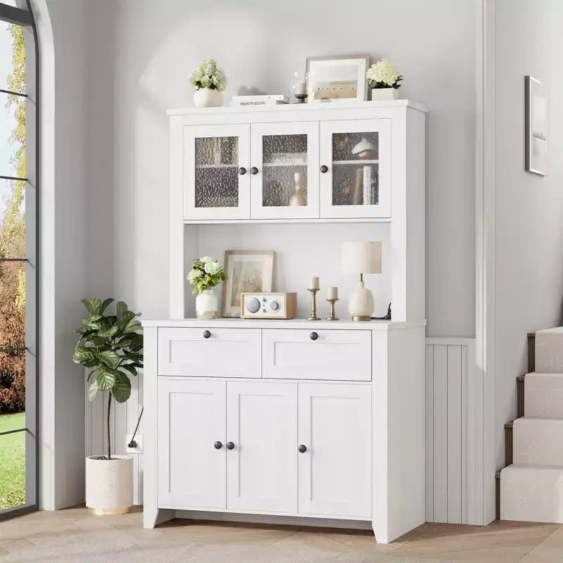 Tall Pantry Cabinet with Charging Station, Modern Kitchen Storage Cabinet with Countertop, Drawers and Adjustable Shelves
