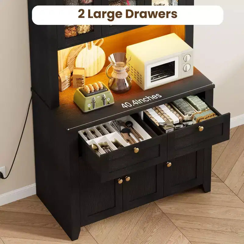 Tall Pantry Cabinet with Charging Station, Modern Kitchen Storage Cabinet with Countertop, Drawers and Adjustable Shelves