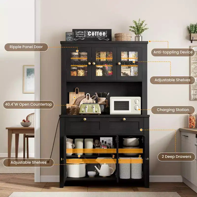 Tall Pantry Cabinet with Charging Station, Modern Kitchen Storage Cabinet with Countertop, Drawers and Adjustable Shelves