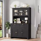 Tall Pantry Cabinet with Charging Station, Modern Kitchen Storage Cabinet with Countertop, Drawers and Adjustable Shelves
