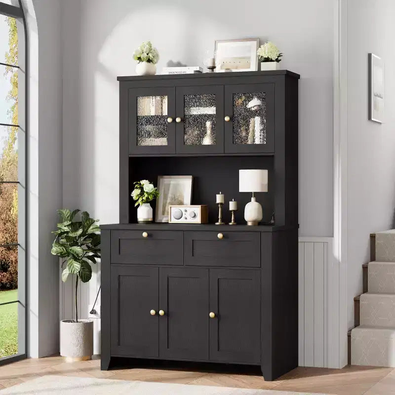 Tall Pantry Cabinet with Charging Station, Modern Kitchen Storage Cabinet with Countertop, Drawers and Adjustable Shelves