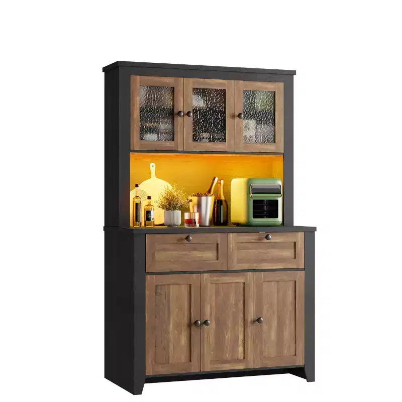 Tall Pantry Cabinet with Charging Station, Modern Kitchen Storage Cabinet with Countertop, Drawers and Adjustable Shelves
