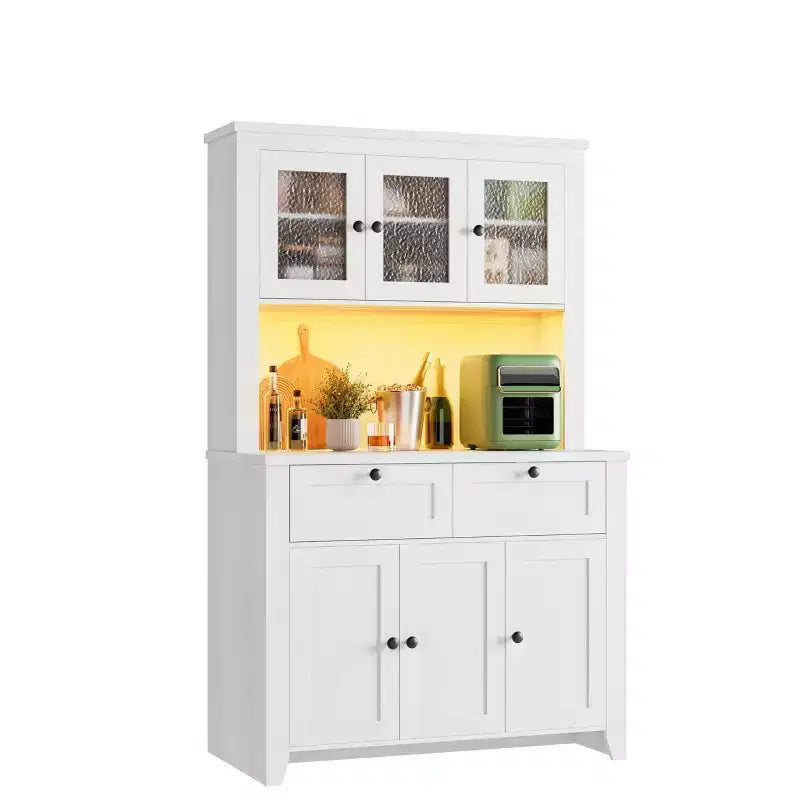 Tall Pantry Cabinet with Charging Station, Modern Kitchen Storage Cabinet with Countertop, Drawers and Adjustable Shelves