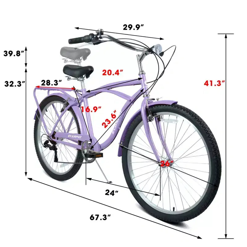 NAYSAYE Bicicletta da Spiaggia Cruiser a 7 Velocità con Telaio in Acciaio, Cerchi in Lega, Freni V-Brake per Uomini e Donne, per il Tempo Libero, Viola, Bianco, 67.8*42.51*28.74