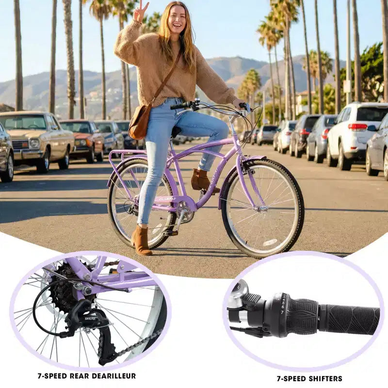 NAYSAYE Bicicletta da Spiaggia Cruiser a 7 Velocità con Telaio in Acciaio, Cerchi in Lega, Freni V-Brake per Uomini e Donne, per il Tempo Libero, Viola, Bianco, 67.8*42.51*28.74