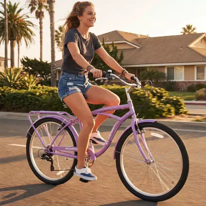 NAYSAYE Bicicletta da Spiaggia Cruiser a 7 Velocità con Telaio in Acciaio, Cerchi in Lega, Freni V-Brake per Uomini e Donne, per il Tempo Libero, Viola, Bianco, 67.8*42.51*28.74