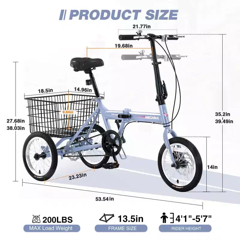 Triciclo Pieghevole per Adulti NAYSAYE con Cestino, Telaio in Acciaio Pieghevole, Grande Capacità di Carico per Shopping all'Aperto e Viaggi, Blu, 53.54*23.23*39.49