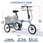 Triciclo Pieghevole per Adulti NAYSAYE con Cestino, Telaio in Acciaio Pieghevole, Grande Capacità di Carico per Shopping all'Aperto e Viaggi, Blu, 53.54*23.23*39.49