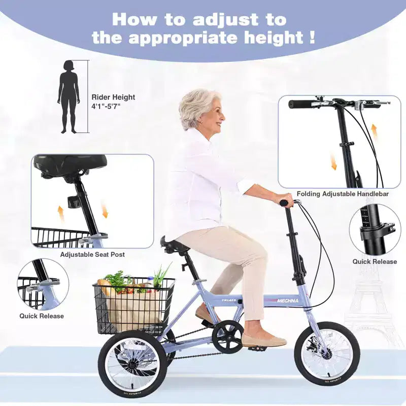 Triciclo Pieghevole per Adulti NAYSAYE con Cestino, Telaio in Acciaio Pieghevole, Grande Capacità di Carico per Shopping all'Aperto e Viaggi, Blu, 53.54*23.23*39.49