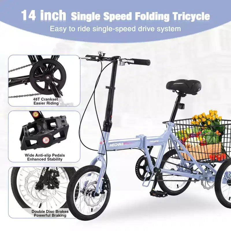 Triciclo Pieghevole per Adulti NAYSAYE con Cestino, Telaio in Acciaio Pieghevole, Grande Capacità di Carico per Shopping all'Aperto e Viaggi, Blu, 53.54*23.23*39.49