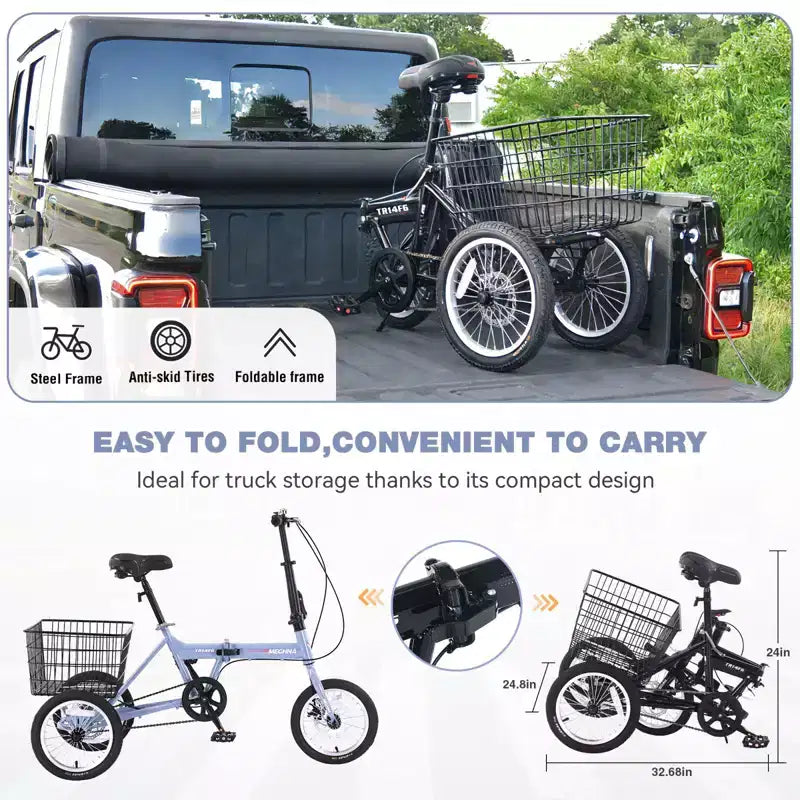 Triciclo Pieghevole per Adulti NAYSAYE con Cestino, Telaio in Acciaio Pieghevole, Grande Capacità di Carico per Shopping all'Aperto e Viaggi, Blu, 53.54*23.23*39.49