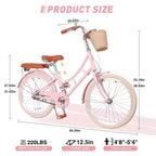 NAYSAYE Bicicletta Beach Cruiser da ragazza con cestino anteriore e robusto telaio in acciaio per un comodo pendolarismo urbano all'aperto, rosa, 58.39*24.53*36.93