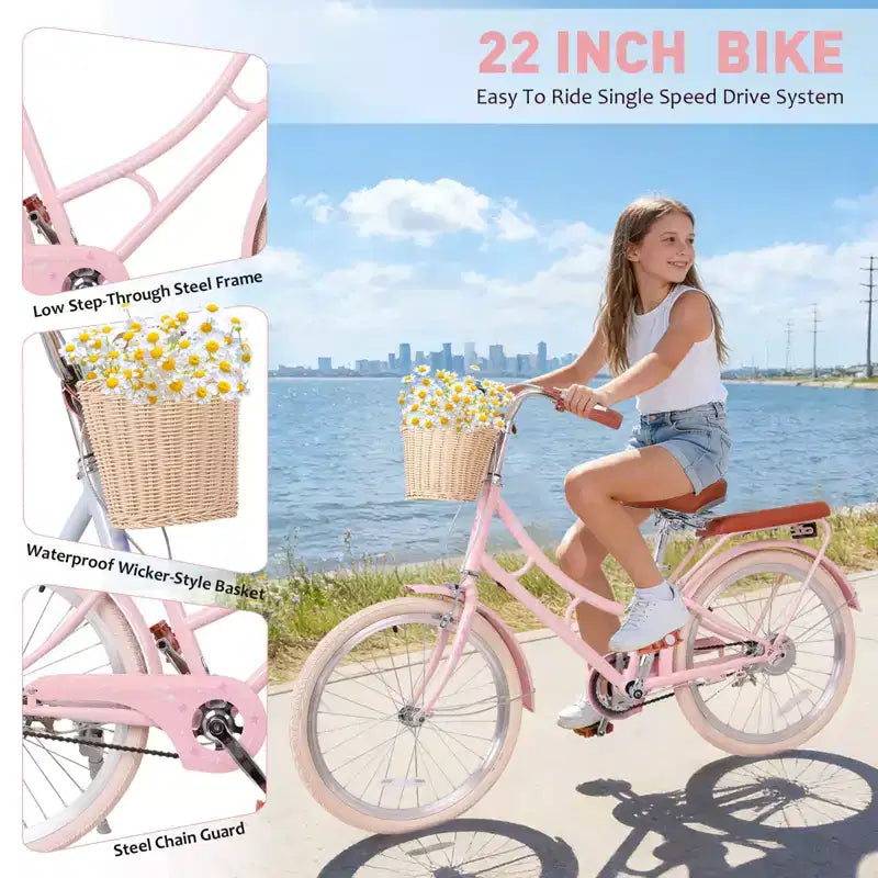 NAYSAYE Bicicletta Beach Cruiser da ragazza con cestino anteriore e robusto telaio in acciaio per un comodo pendolarismo urbano all'aperto, rosa, 58.39*24.53*36.93