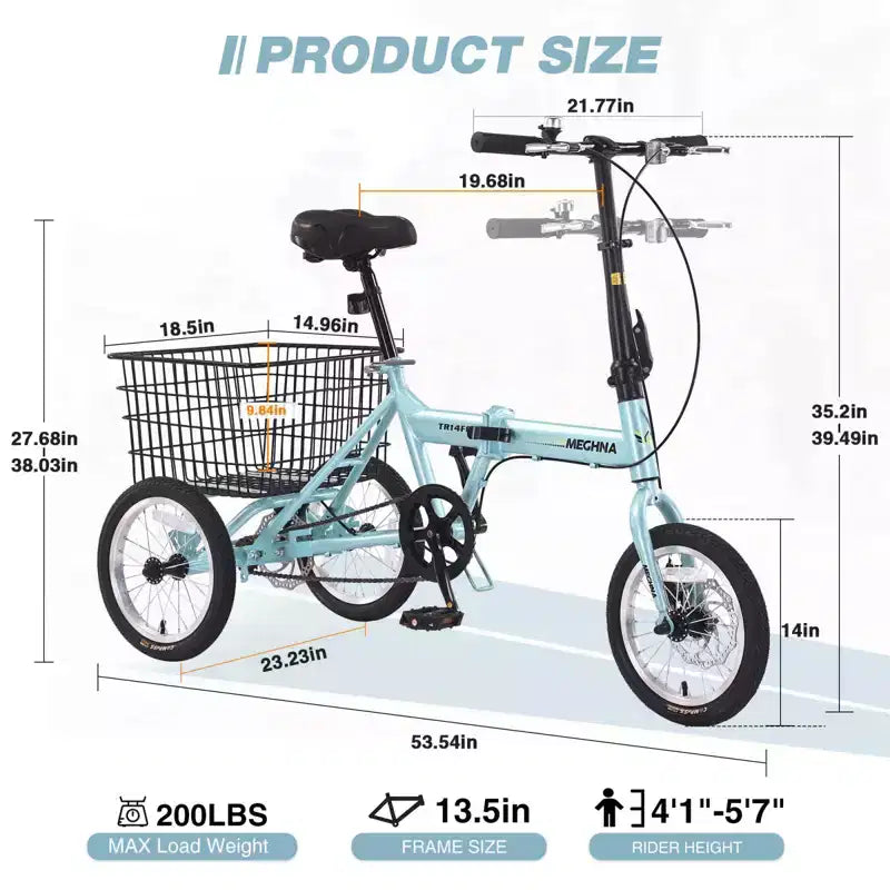 NAYSAYE Adult Folding 3-Wheel Tricycle with Basket, Collapsible Steel Frame and Large Load Capacity, Light Blue, 53.54*23.23*39.49