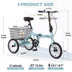 NAYSAYE Adult Folding 3-Wheel Tricycle with Basket, Collapsible Steel Frame and Large Load Capacity, Light Blue, 53.54*23.23*39.49