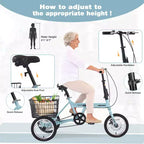 NAYSAYE Adult Folding 3-Wheel Tricycle with Basket, Collapsible Steel Frame and Large Load Capacity, Light Blue, 53.54*23.23*39.49