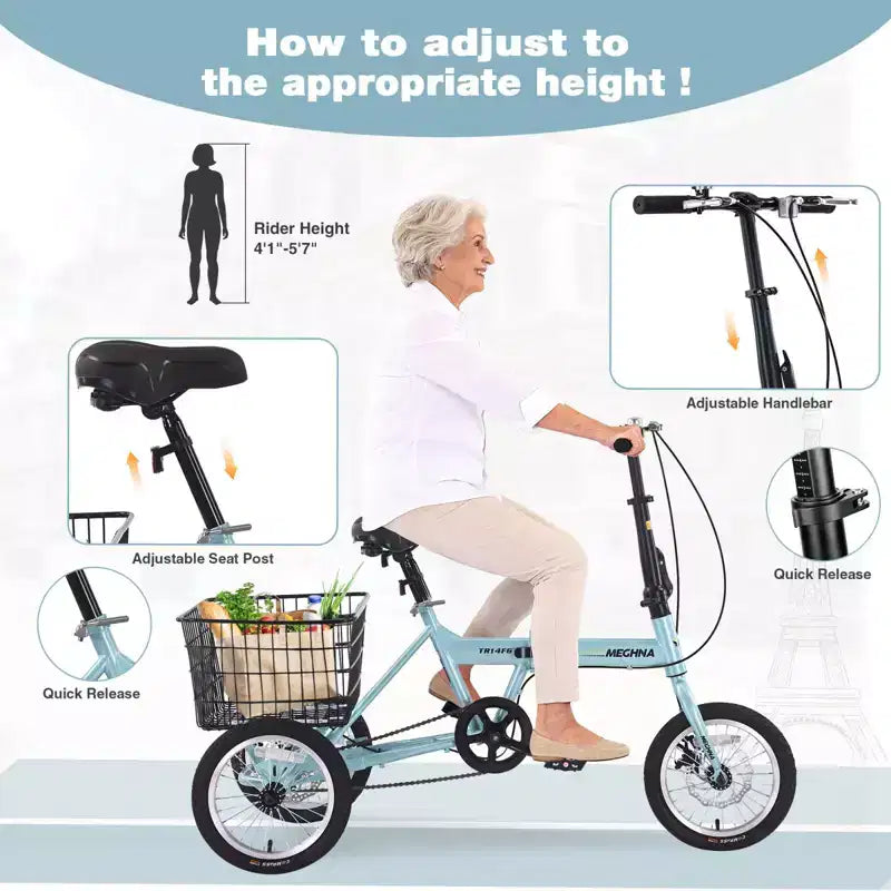 NAYSAYE Adult Folding 3-Wheel Tricycle with Basket, Collapsible Steel Frame and Large Load Capacity, Light Blue, 53.54*23.23*39.49