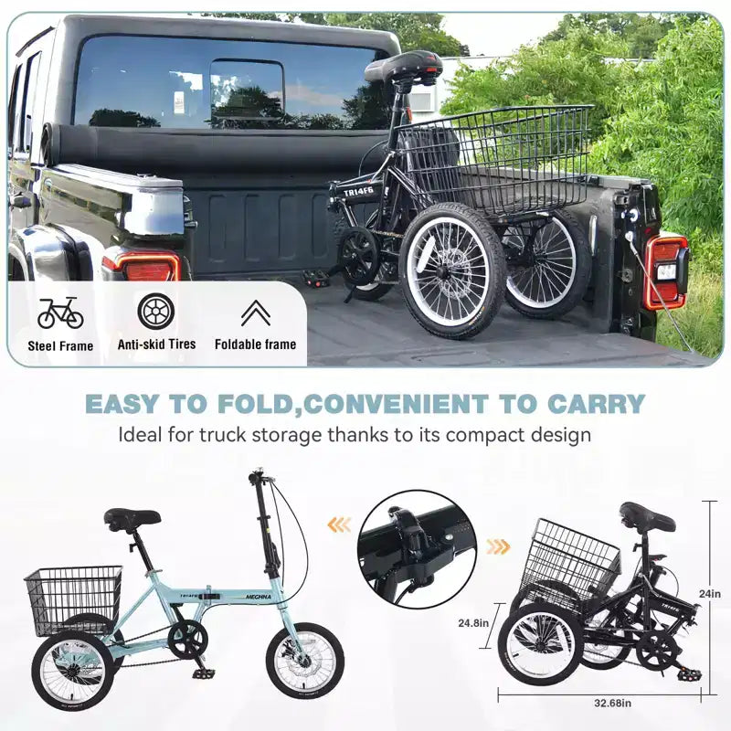 NAYSAYE Adult Folding 3-Wheel Tricycle with Basket, Collapsible Steel Frame and Large Load Capacity, Light Blue, 53.54*23.23*39.49