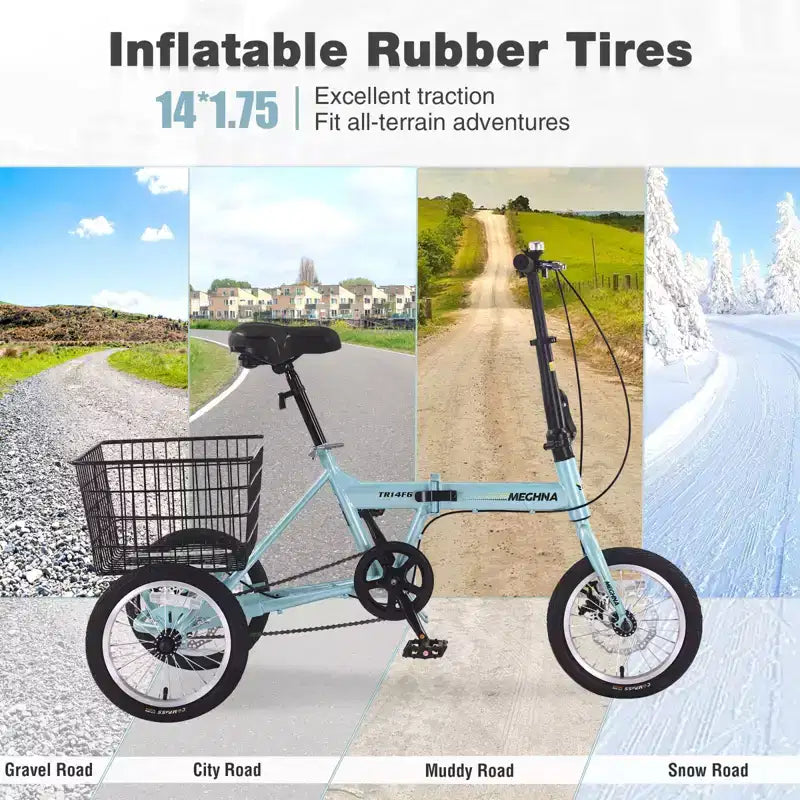 NAYSAYE Adult Folding 3-Wheel Tricycle with Basket, Collapsible Steel Frame and Large Load Capacity, Light Blue, 53.54*23.23*39.49