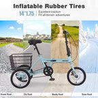 NAYSAYE Adult Folding 3-Wheel Tricycle with Basket, Collapsible Steel Frame and Large Load Capacity, Light Blue, 53.54*23.23*39.49
