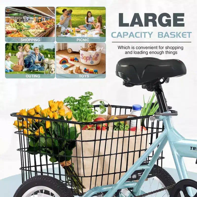 NAYSAYE Adult Folding 3-Wheel Tricycle with Basket, Collapsible Steel Frame and Large Load Capacity, Light Blue, 53.54*23.23*39.49