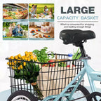 NAYSAYE Adult Folding 3-Wheel Tricycle with Basket, Collapsible Steel Frame and Large Load Capacity, Light Blue, 53.54*23.23*39.49